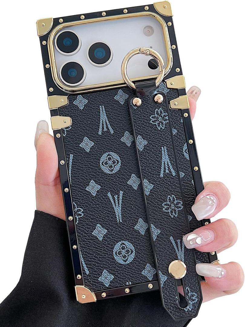 Compatible with iPhone 17 Pro Max Case Luxury Designer for Women Girls,Rectangle Leather with Wristband Strap Kickstand Holder Protective Cover for 17 Pro Max - 6.9 inch (Black)
