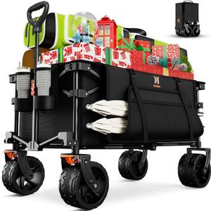 Navatiee Big Wheels Collapsible Wagon Cart Foldable, Heavy Duty Beach Wagon with Silent All-Terrain Wheels, Folding Utility Grocery Cart with Side Pocket and Brakes for Camping Garden Sports, Black