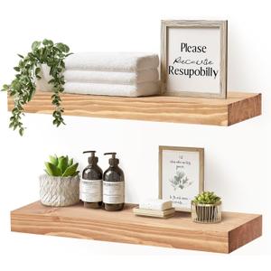 17x8x1.6 inch Floating Shelves Set of 2  Solid Wood Rustic Oak Wall Mounted Shelf for Kitchen, Bathroom, Living Room