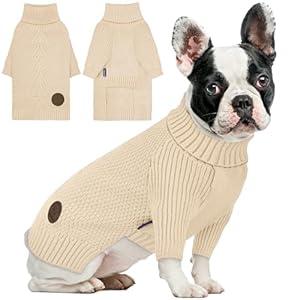 cyeollo Dog Sweater Turtleneck Knitted Sweaters with Long Sleeves Winter Dog Clothes Sweaters for Small Dogs Beige (Large)