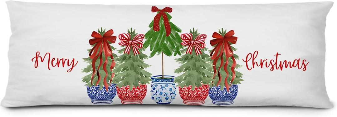 Chinoiserie Christmas Body Pillow Covers 20x54, Grandmillennial Christmas Decor, Coquette Red Porcelain Xmas Tree Winter Long Body Pillow Case Cover with Hidden Zipper for Bed Couch