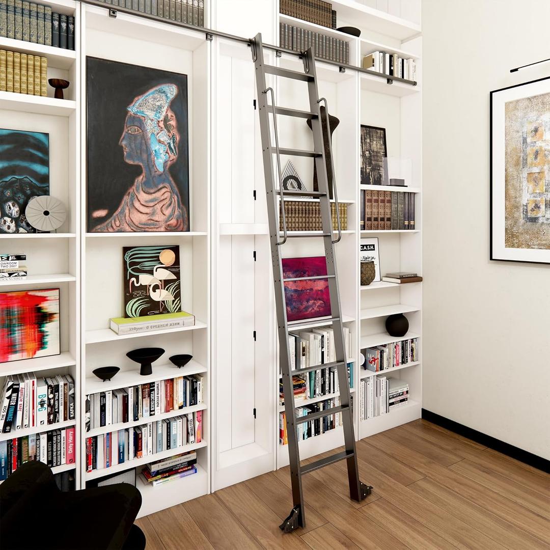 120" Telescopic Sliding Library Ladder with Handrail  Lightweight Aluminum Rolling Ladder with Braking Wheels, 4FT Hook Ladder Track Kit for Home, Loft, and Bookshelves