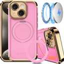 COOLQO for iPhone 15 Case 6.1'' Upgraded 360 Spin Magnetic Stand [Compatible with Magsafe][Military Protection] Plating Matte Scratch-Resistant Back Protective Shockproof Phone Case, Pink Gold