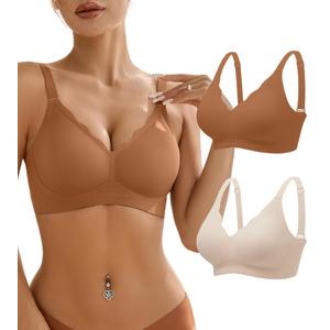 Wireless Bras for Women Bralette - Womens Seamless Push Up Full Coverage Wirefree Padded Sleep Bra with Support and Lift 2pcs-nude/Coffee, Large