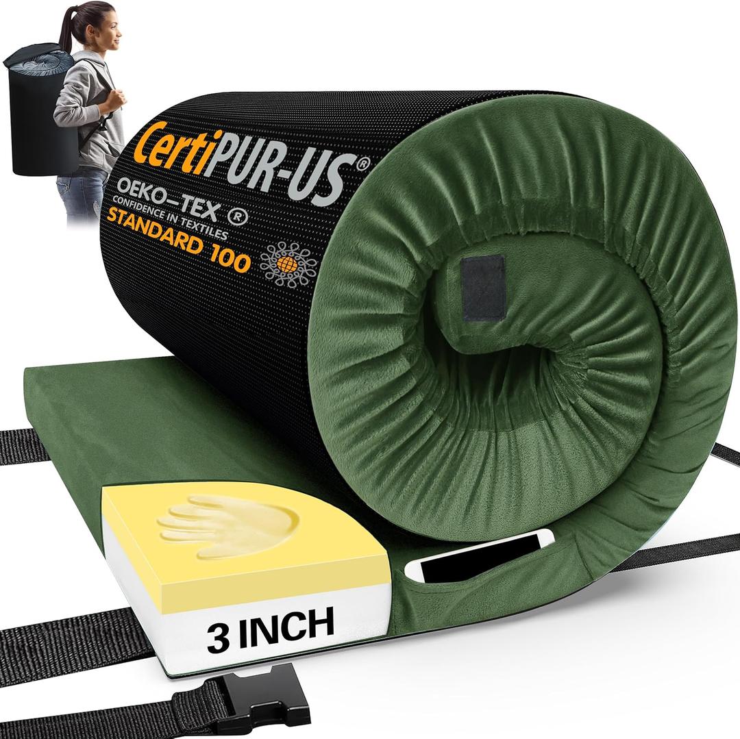 CYMULA Memory Foam Camping Mattress Pad, CertiPUR-US Sleeping Mat, Portable Roll Up Mattress for Adults, Camping Bed Pads for Sleepover, Car Bed with Travel Bag (Twin-75x38x3 IN, Green)