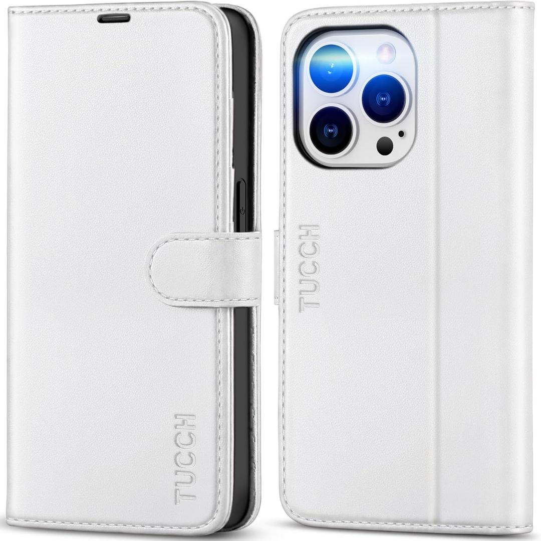 TUCCH Case Wallet for iPhone 14 Pro 5G, [RFID Blocking] 4 Card Holder Stand [Shockproof TPU Interior Case] PU Leather Magnetic Protective Flip Cover Compatible with iPhone 14 Pro 6.1" 2022, White