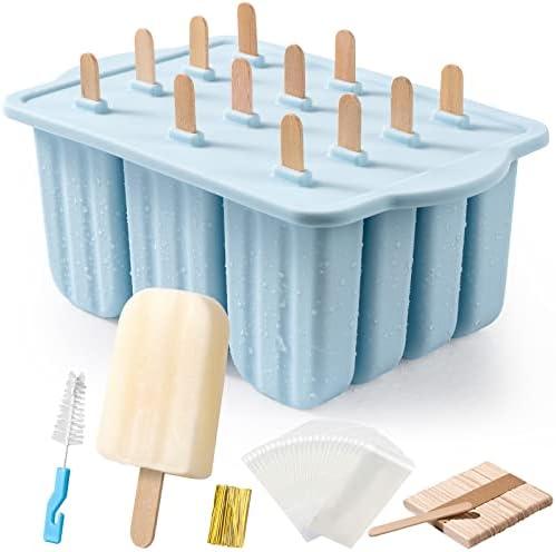 Popsicles Molds, MEETRUE 12 Pieces Silicone Popsicle Molds Easy-Release BPA-free Popsicle Maker Molds Ice Pop Molds Homemade Popsicle Ice Pop Maker with 50PCS Popsicle Sticks+Cleaning Brush, Cavties Blue