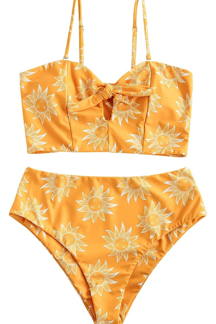 ZAFUL Women Ribbed Keyhole Tied High Waisted Bikini Spaghetti Straps Two Pieces Swimsuit Bathing Suit L