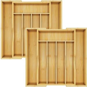 BAMBUROBA Bamboo Kitchen Drawer Organizer,Expandable Silverware Organizer,2 Pack Utensil Holder and Cutlery Tray with 7 Slots,Gadgets Storage Divider,Natural