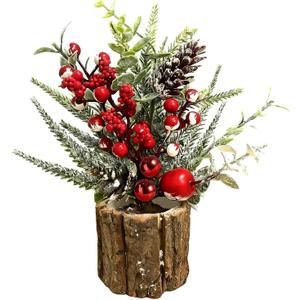 Heyigrow Mini Christmas Tree Tabletop Decoration, Real Bark Base Artificial Red Berrys Pine Cone for Winter Holiday Home