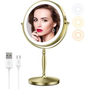 Matekxy 8" Lighted Makeup Mirror with Magnification - 1X/10X Magnifying Desk Mirror with Rechargeable LED Lights, 3 Colors Dimmable Tabletop Mirror, Brass Gold