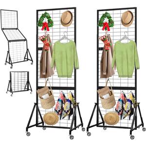 Rectangle Gridwall Panel Display Stand, Heavy Duty Foldable Gridwall Panels, Grid Wall Panels Movable Art Display Shelf with Triangle Base and Braked Wheels (2)