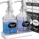 Soap Dispenser - 2 Pack, Antique Design Thick Glass Hand Soap Dispensers with Sturdy Tray; 304 Rust Proof Stainless Steel Silver Pump, 12Pcs Stickers, for Kitchen, Bathroom