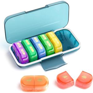 Weekly Pill Organizer 2 Times a Day, Moisture-Proof, Detachable Compartments, AM PM Pill Box 2X 7 Day, Travel Pill Organizer for Pills/Fish Oil/Medication/Vitamin/Supplements (Blue + Colorful)