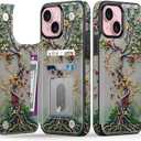FUNMIKO for iPhone 15 Wallet Case with Card Holder + Cash Clip, RFID-Blocking, Military-Grade Drop Protection & UV-Printed Artwork, Magnetic Closure with Leather Kickstand - Blooming Tree of Life