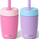 Fimibuke Kids & Toddler Cups Spill Proof, 12 OZ Insulated Sippy Cups for Toddlers Boys Girls, BPA-Free Toddler Straw Tumbler, Stainless Steel Kids Water Bottle with Twist Lids & Silicone Straw, 2 Pack (Pink & Purple)