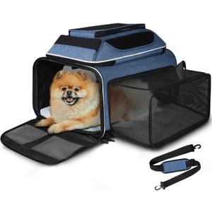 Petskd Top and Side Expandable Pet Carrier 17x11x9.5 Inches Alaska Airline Approved, Soft-Sided Carrier for Small Cats and Dogs with Locking Safety Zippers and Anti-Scratch Mesh(Blue)