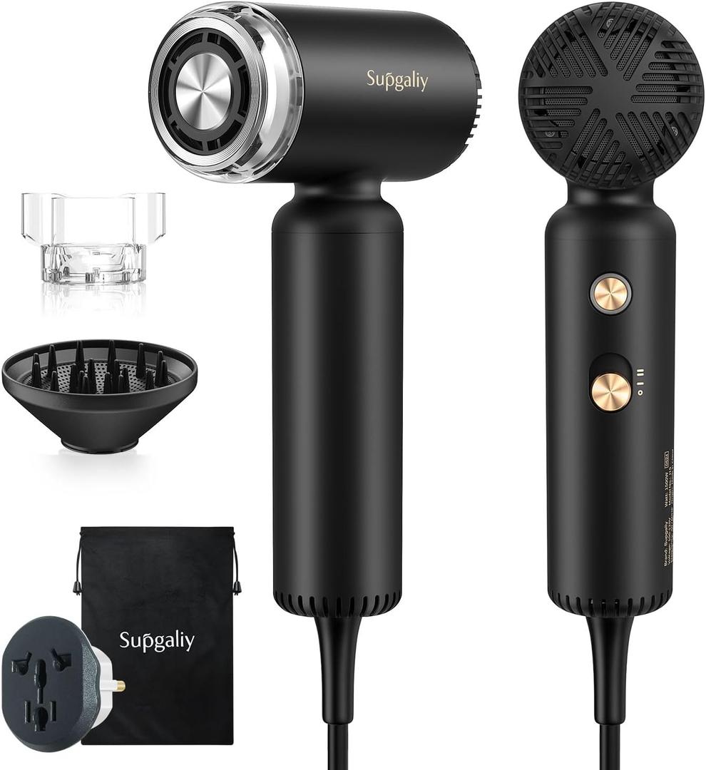 Dual Voltage Hair Dryer, High-Speed Ionic Blow Dryer for Fast Drying, Travel Compact Hair Blow Dryer with Magnetic Curly Diffuser for Home, Portable Hairdryer International 110-240V (Black)
