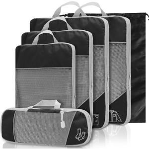 6Pcs Nylon Compression Packing Cubes with Storage Bag, Lightweight Travel Packing Cubes, Space Saving Luggage Organizer Bags for Clothes, Shoes, Toiletries (Black Six Sets)
