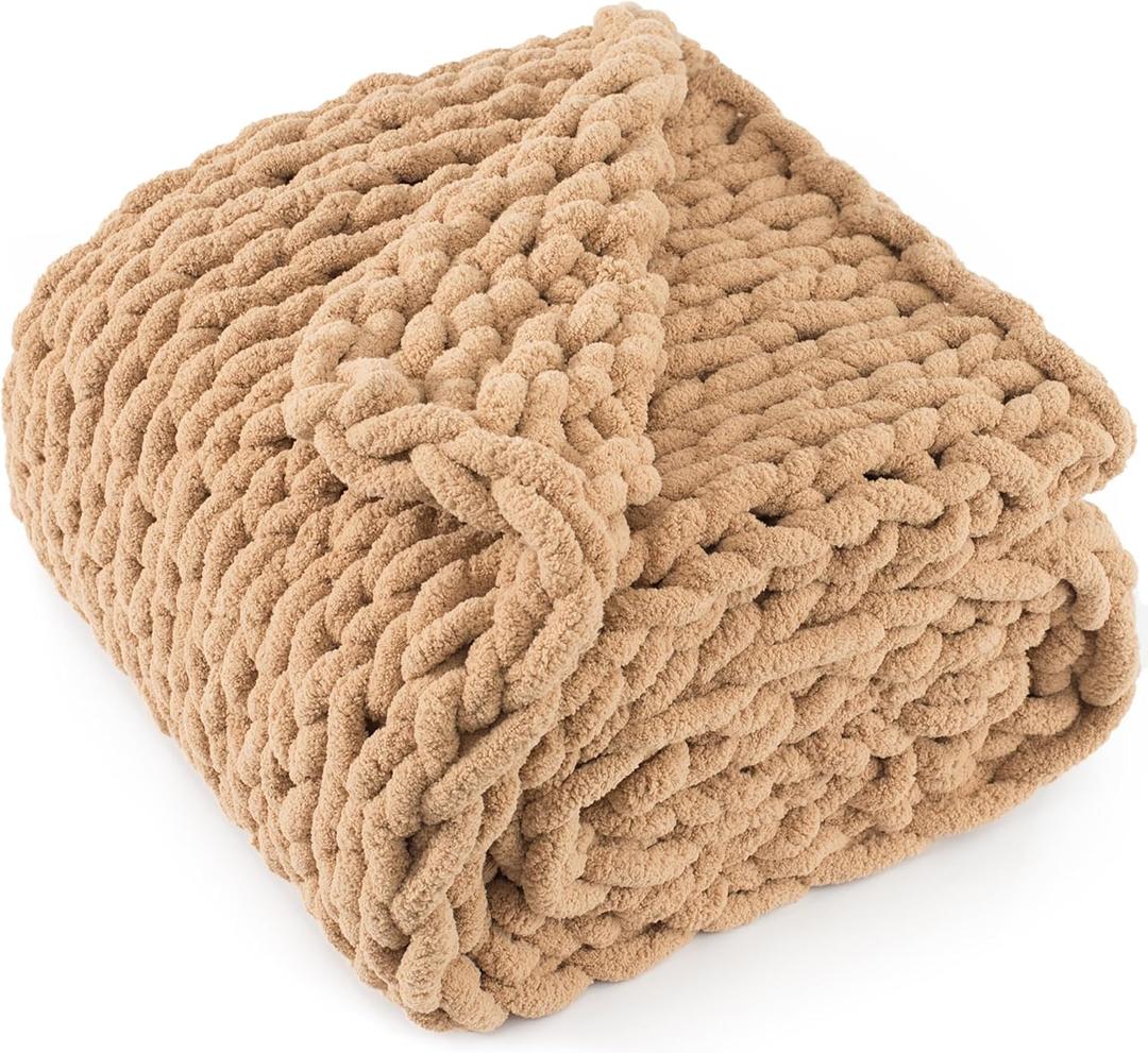 Chunky Knit Throw Blanket 50"X 60", 100% Handmade with Soft Chenille Yarn, 4.4lbs Thick Cable Knitted Blankets, Large Rope Knot Crochet Throws for Couch Sofa Bed Home Decor, Tan Brown
