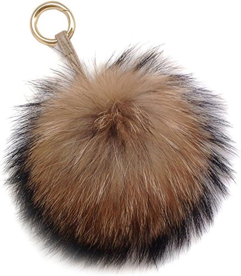 6" Large Fluffy Genuine Pom Pom Keychain Puffy Ball Car Keyring/Bag Purse Charm (Natural brown)