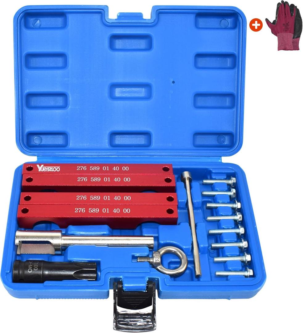 Engine Timing Tool Kit, Compatible with Mercedes Benz M157/M276/ M278, Camshaft Timing Tool with T100, Fuel Injector Puller, Rotary Rod, Fixing Screw, with Case and Gloves