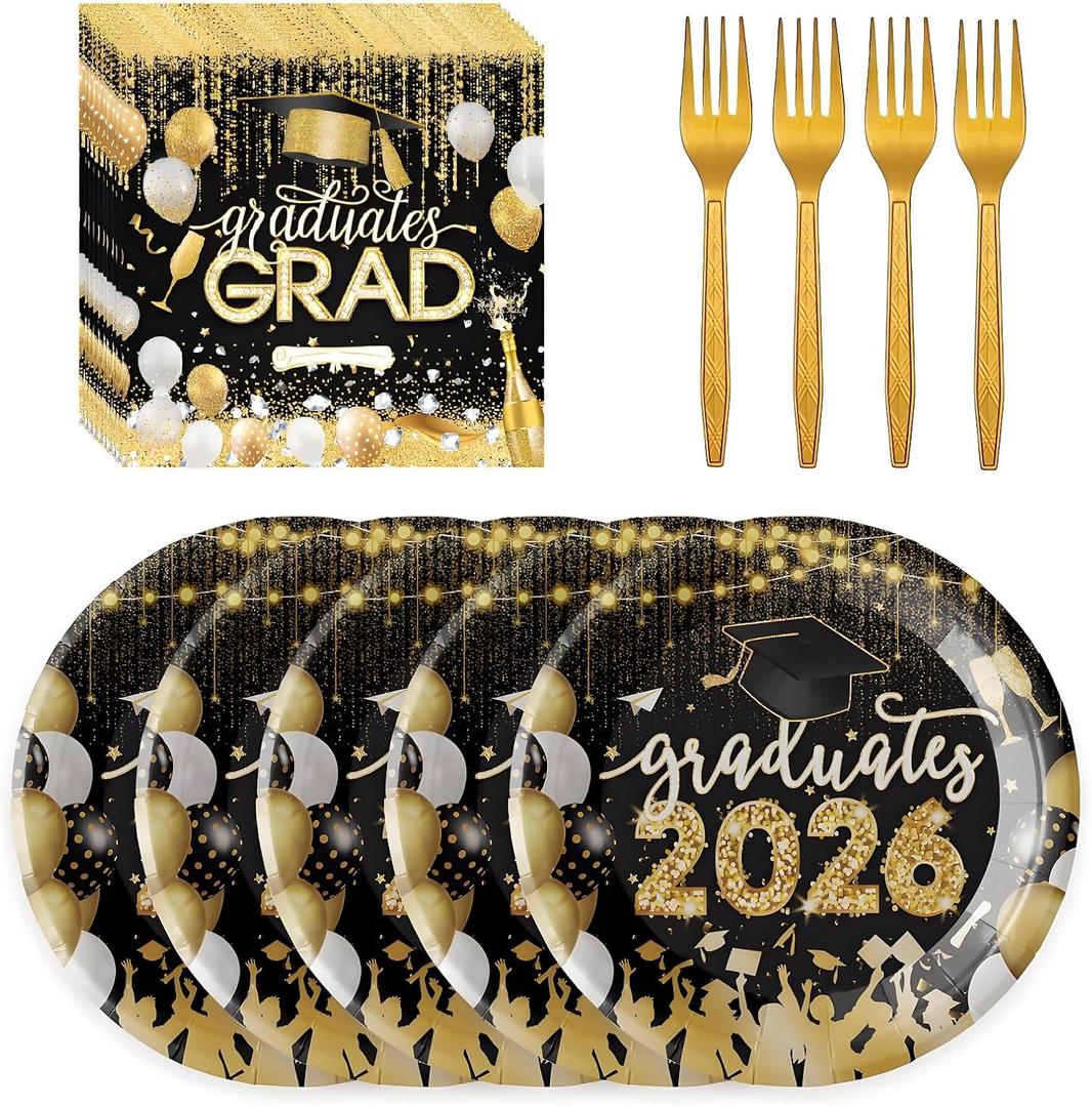 72 Pcs Graduation Party Plates and Napkins, Black Gold Disposable Dessert Paper Plates Luncheon Napkins and Forks Dinnerware Set Supplies for Congrats Grad Party Decorations, Serve 24