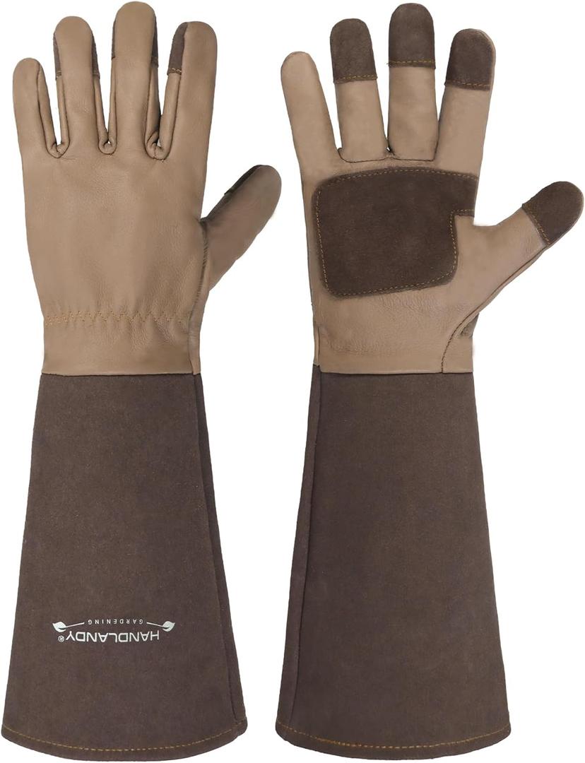 HANDLANDY Long Gardening Gloves for Men & Women, Cowhide Leather Rose Pruning Gloves- Breathable & Durable Gauntlet Glove (Small, Brown) (Small (Pack of 1)) HANDLANDY Long Gardening Gloves for Men & Women, Cowhide Leather Rose Pruning Gloves- Breathable & Durable Gauntlet Glove (Small, Brown) (Small (Pack of 1))