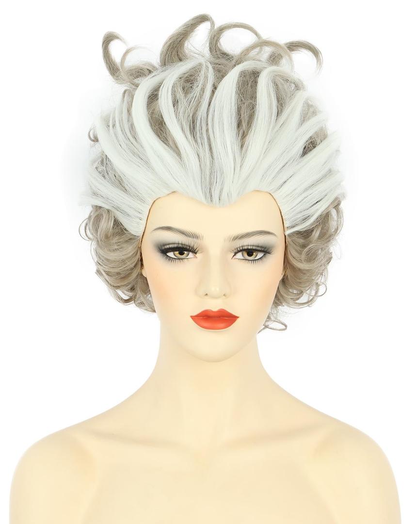 karlery Women Adult Short Curly White and Grey Wig Witch Enchanted Anime Wig for Halloween Cosplay Costume Party