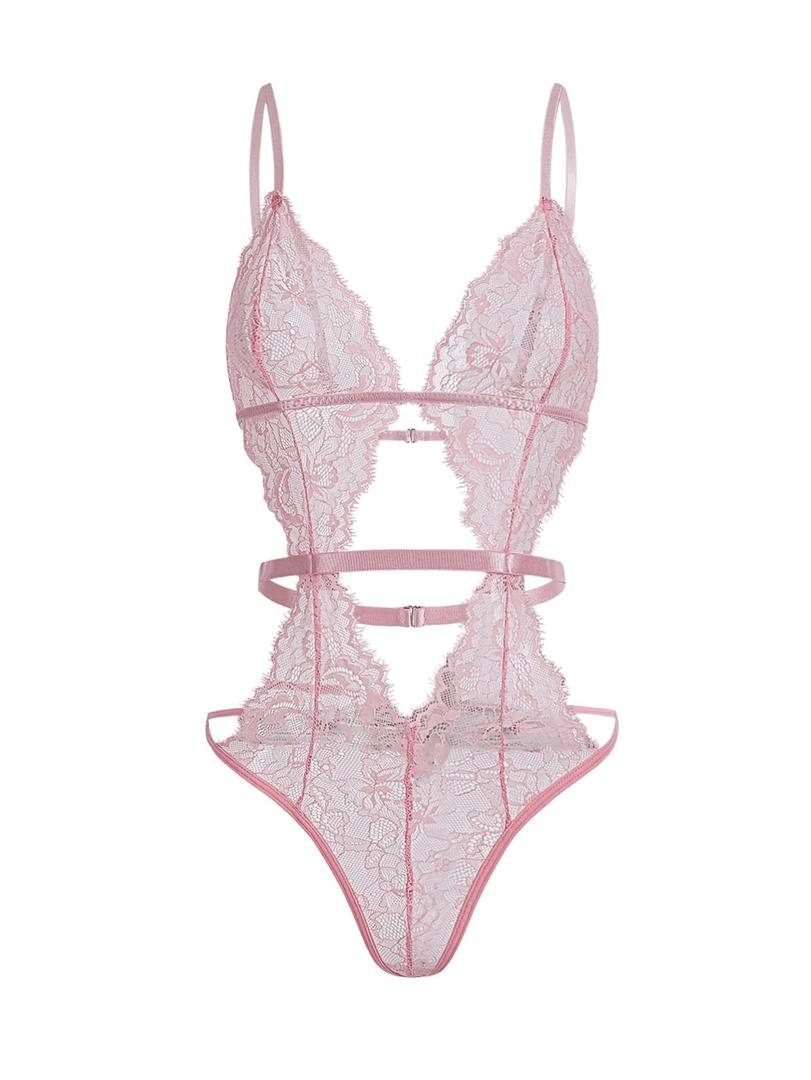 RoseSeek Women's Lace Mesh Floral Bodysuit Cut Out Backless Body Suit Lingerie Outfits Pink Small