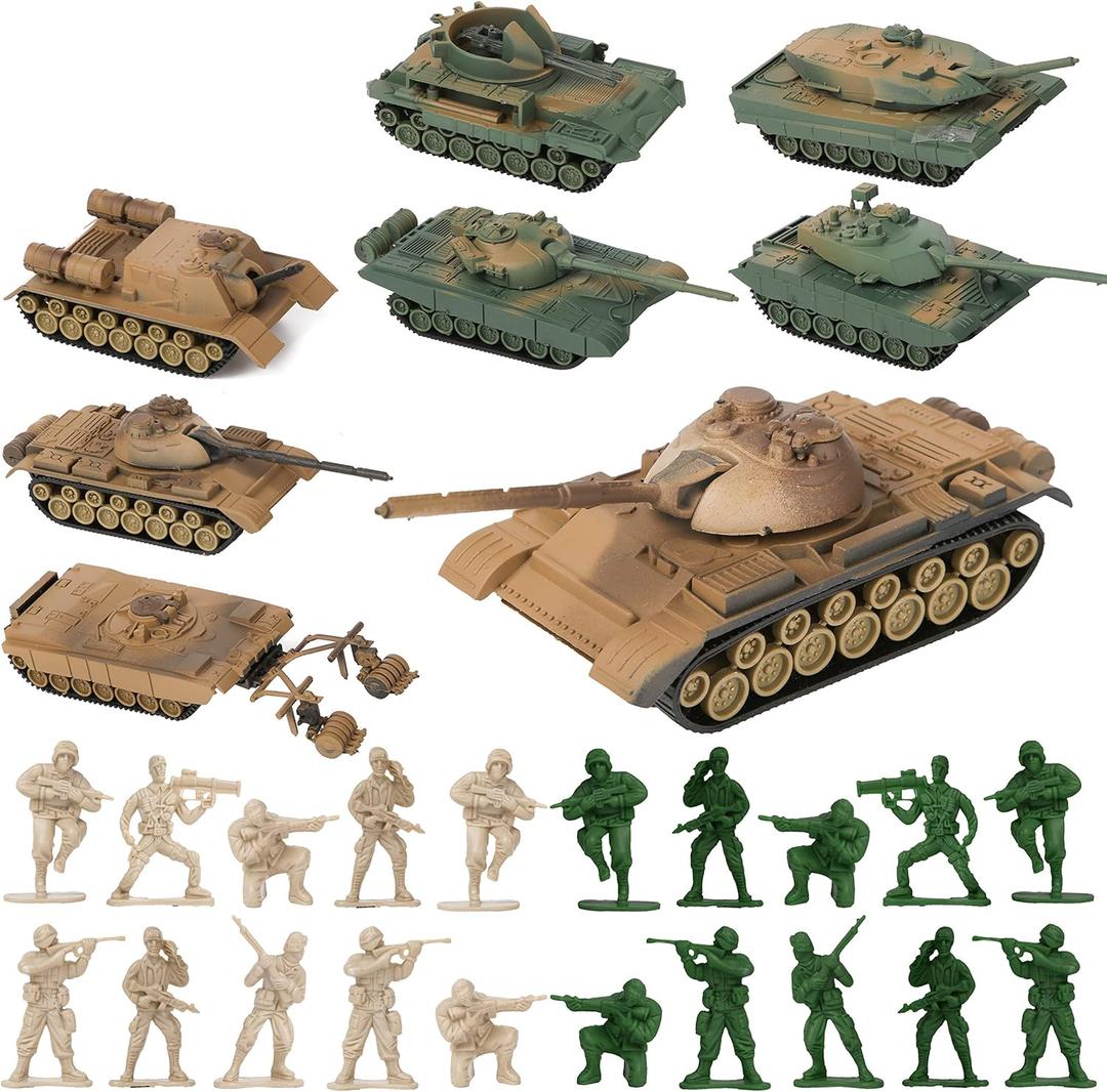PROLOSO Military Army Playset 8 Take Apart Battle Tank Models and 20 Tiny Toy Soldiers