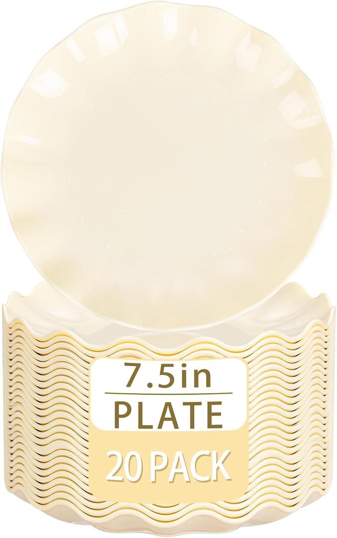 LIYH 20 Pcs Beige Plastic Plates Reusable 7.5 Inch - Unbreakable Plastic Dessert Plates - Scalloped Cake Plate for Weddings Camping Party Outdoor Picnics Dishwasher Safe BPA Free