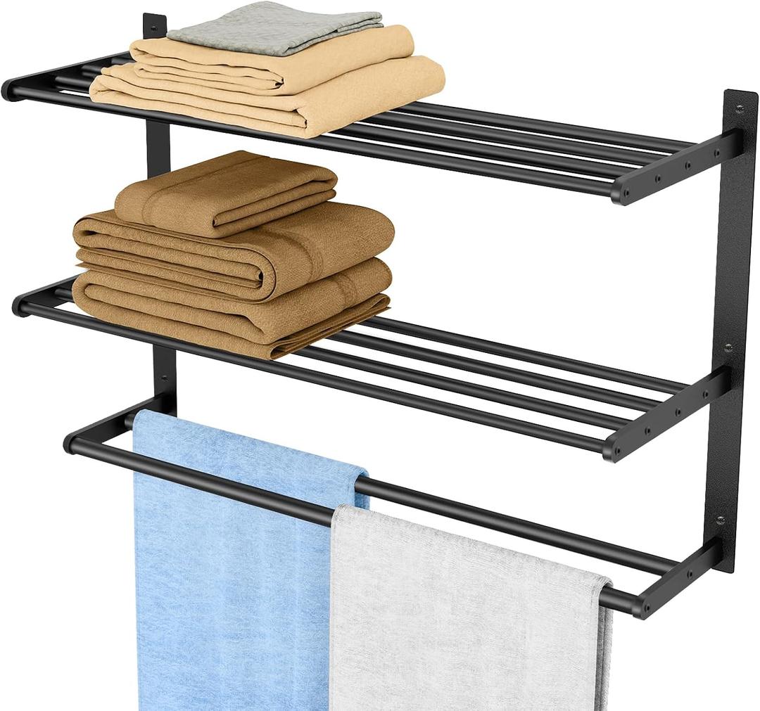 Towel Racks for Bathroom Wall Mounted 24", 3 Tier Bathroom Towel Shelf with Double Towel Bar, Stainless Steel Towel Rack with Towel Shelf, Towel Hanger Holder for Bathroom Towel Storage, Black
