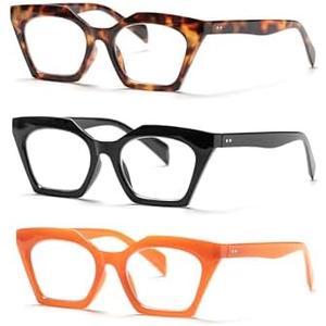PEYEOISD 3 Pack Oversized Fashion Cat Eye Reading Glasses Women, Large Anti Blue Light Cateye Readers Flexible Spring Hange, Set of 2