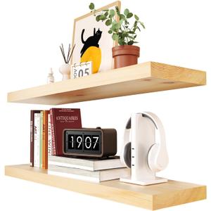 Habudda Floating Shelves for Wall, Solid Pine Wood Shelf for Bathroom Bedroom Kitchen, Rustic Room Decor, Wall Mounted, 30 Inches Long, Set of 2, Natural
