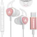 USB C Headphones, Type C Earbuds Magnetic Wired Earphones with Microphone and Volume Control Compatible with Google Pixel Xiaomi Samsung Oneplus Sony MacBook Rose Gold