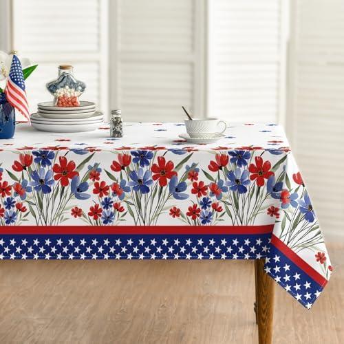 Horaldaily 4th of July Tablecloth 60x84 Inch, Patriotic Watercolor Poppy Flowers Independence Day Memorial Day Table Cover for Party Picnic Dinner Decor