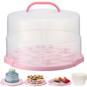 12 Inch Large Cake Carrier with Lid and Handle for 12" Round 7" High Cake Adjustable Plastic Pies Carrier Portable Cupcakes Transport Container for Cookies Pizza and More(Pink)