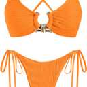 ZAFUL Women's Bikini Sets Ribbed Metal O Ring Criss Cross Two Piece Swimsuit Cheeky High Cut Side Tie Thong Bathing Suit (Medium)
