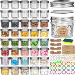 4 oz Glass Mason Jars with Airtight Silver Lids and Bands, 40-Pack with Stickers, Tags & Twines, Mini Canning Jars for Jams, Honey, Spices, Dried Snacks, DIY Crafts, Wedding Favors