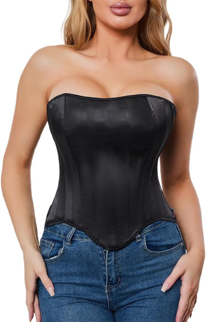 SHYMMUO Corset Tops for Women Strapless Bustier Lace Up Back Waist Trainer Sexy Club Party Renaissance Outfit (Small, Black)
