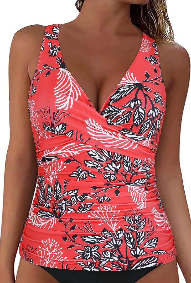 Womens Underwire Tankini Top Only Sexy V Neck Swimsuit Top for Big Busted Tummy Control Bathing Suits (Red, L)