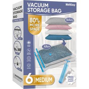 Space Saver Vacuum Storage Bags, 6 Pack Space Saver Bags with Pump, Storage Vacuum Sealed Bags for Clothes, Comforters, Blankets, Bedding (6 Medium) (Blue)
