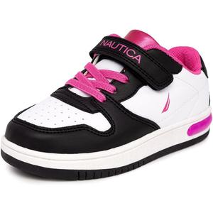 Nautica Kids Girls Sneakers with Adjustable Strap and Bungee Straps | Comfortable Casual Shoes (Toddler/Little Kid) (White Black Pink)