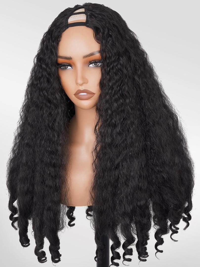 Afro Wig V Part Kinky Curly Wigs for Black Women, 180% Density Wear and Go Glueless Wig with Unique Bouncy Curls in the End, Synthetic No Leave out Clip in (#1B Black wig, 24 Inch)