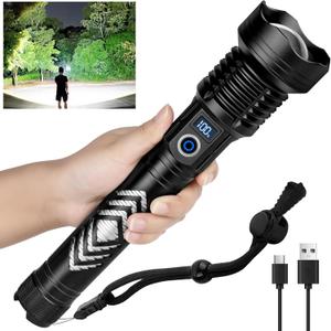 Flashlight High Lumens 90000 Rechargeable Flashlight, 5 Light Modes Adjustable Focus, Super Bright LED Flashlight, IPX7 Waterproof Powerful Flash Light for Camping, Hiking and Home