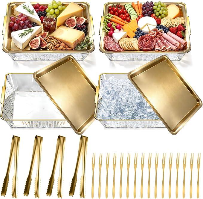 Baderke 4 Set Chilled Serving Tray for Christmas Parties Ice Chilled Party Platter Charcuterie Serving Board Cold Dish Dip with Forks Tongs for Fruit Seafood Vegetable Appetizer (11.81",Gold)