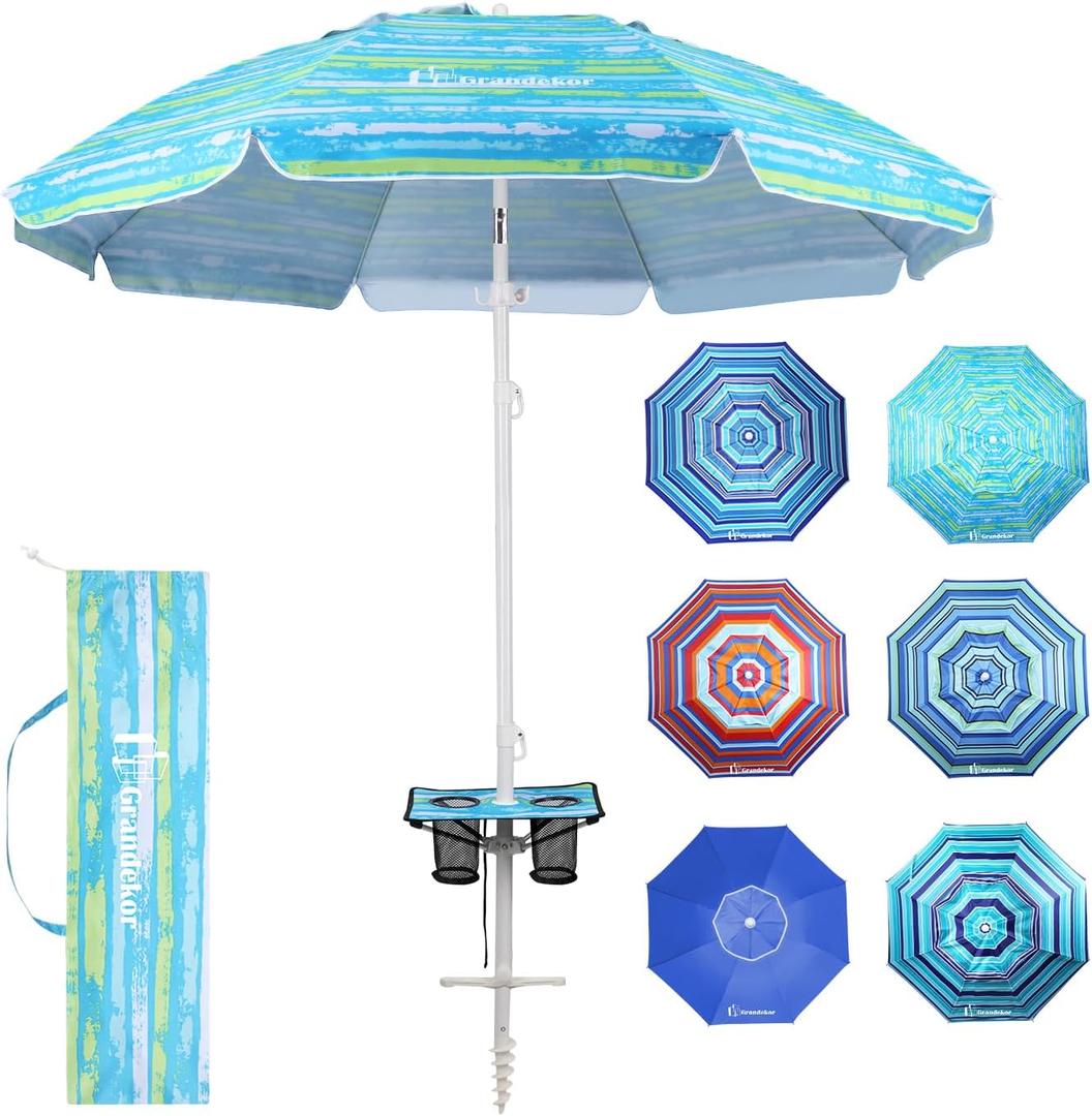 Grandekor 7FT Beach Umbrellas for Sand Heavy Duty Wind Portable Beach Umbrella with Table Travel Beach Umbrella with Carry Bag Sun Umbrella Beach, UV 50+ (Green)