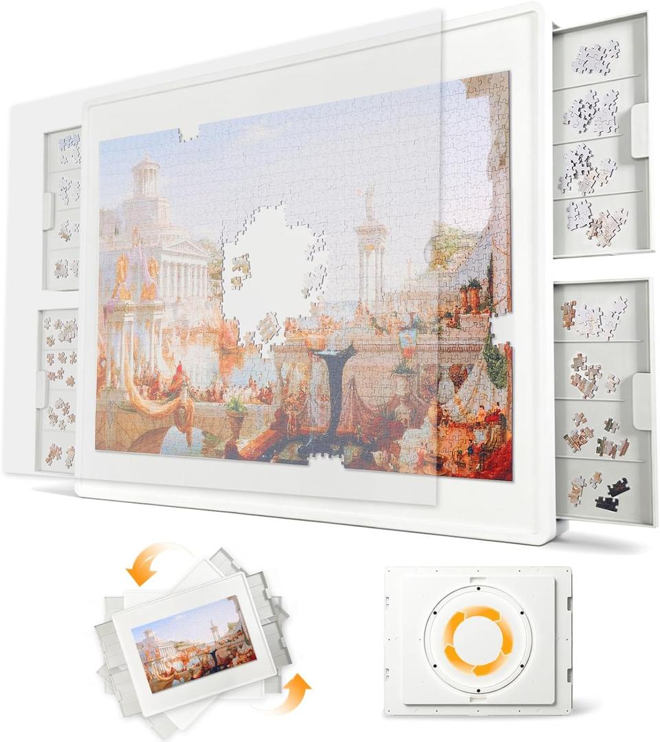 1500 Pieces Rotating Plastic Puzzle Board with Drawers and Cover, 35"x27" Portable Jigsaw Puzzle Table, Durable & Waterproof, Ideal Gift for Puzzle Lovers