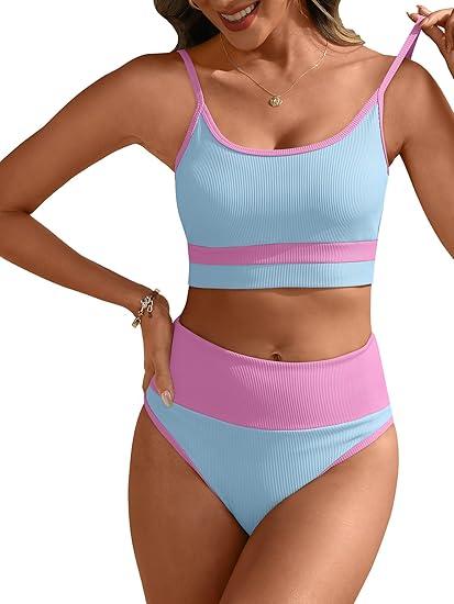 ANRABESS Women High Waisted Bikini Sets Color Block Summer Beach Vacation 2 Piece Bathing Suit Tummy Control Ribbed Swimsuit (Blue Pink, L)